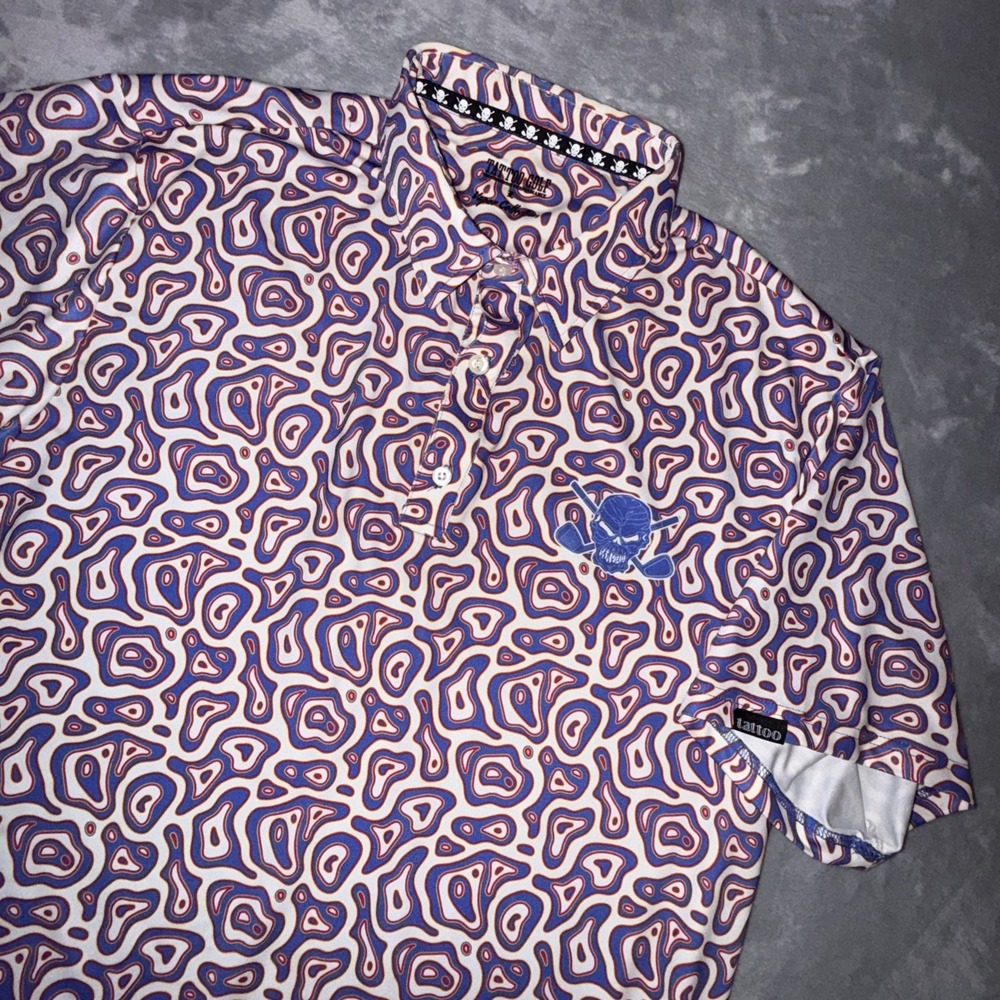 Tattoo Golf Vapor Collection Performance Polo Shirt Mens Large Skull Topographic